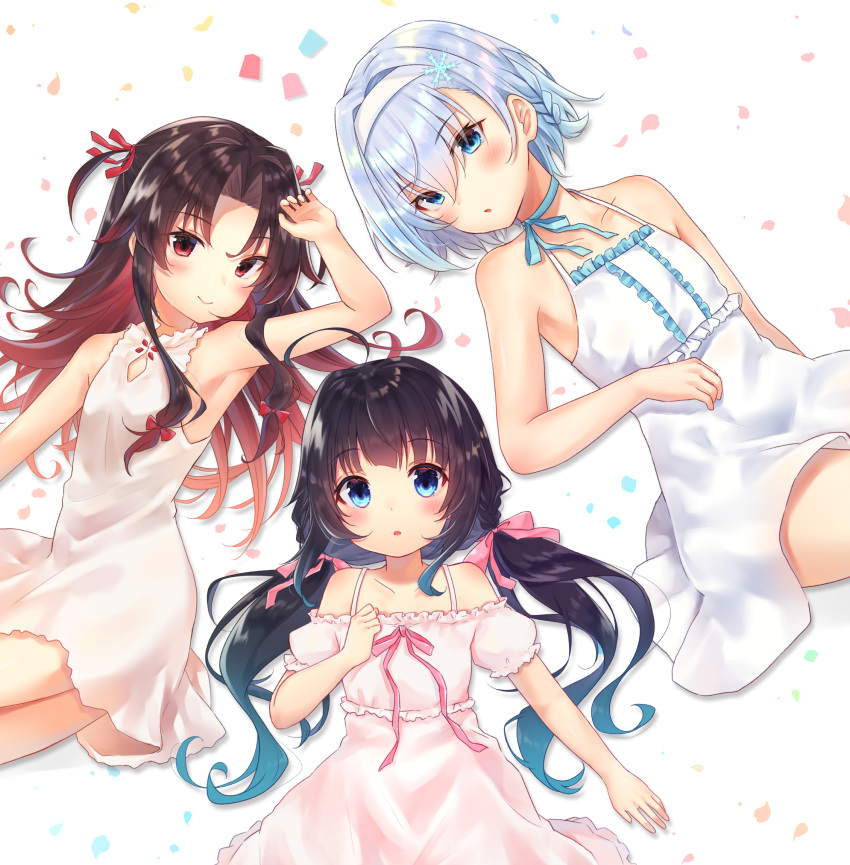 3girls bangs bare_shoulders black_hair blue_choker blue_eyes blue_hair blush bow braid choker collarbone commentary_request dress eyebrows_visible_through_hair frilled_dress frills gyozanuko hair_between_eyes hair_bow hair_ornament hair_ribbon hairband highres hinatsuru_ai long_hair low_twintails lying multicolored_hair multiple_girls off-shoulder_dress off_shoulder on_back parted_bangs pink_bow pink_dress puffy_short_sleeves puffy_sleeves red_eyes red_ribbon redhead ribbon ribbon_choker ryuuou_no_oshigoto! short_sleeves sleeveless sleeveless_dress snowflake_hair_ornament sora_ginko twintails two-tone_hair two_side_up very_long_hair white_dress white_hairband yashajin_ai