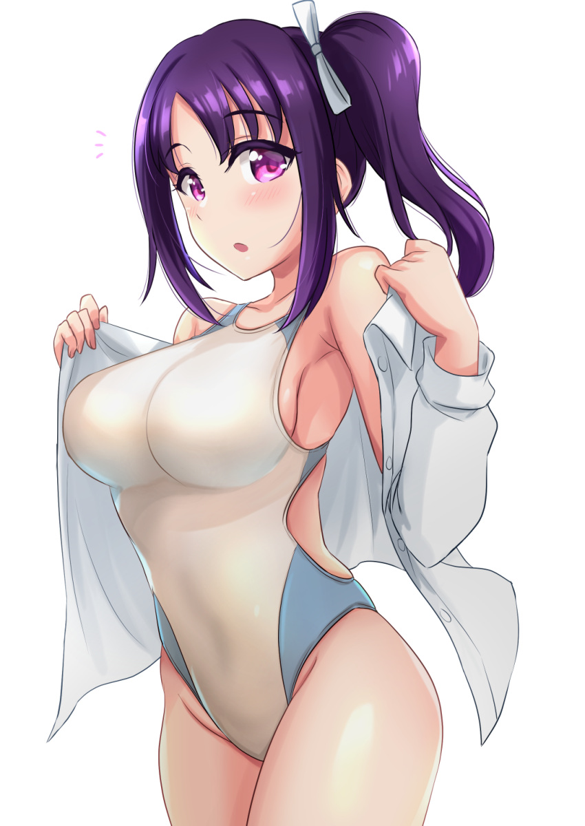 /\/\/\ 1girl :o armpits bangs bare_hips bare_shoulders blush breasts commentary_request competition_swimsuit cowboy_shot eyebrows_visible_through_hair grey_ribbon grey_shirt hair_ribbon highres impossible_clothes impossible_swimsuit kazuno_sarah kibihimi large_breasts long_hair long_sleeves looking_at_viewer love_live! love_live!_sunshine!! off-shoulder_shirt off_shoulder one-piece_swimsuit open_clothes open_mouth open_shirt parted_bangs ponytail purple_hair ribbon shirt sidelocks skindentation solo swimsuit unbuttoned unbuttoned_shirt undressing violet_eyes white_swimsuit