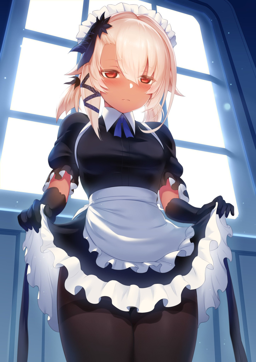 1girl apron bangs black_legwear blush breasts cowboy_shot dark_skin day dress dress_lift frilled hair_between_eyes hair_ribbon highres indoors looking_at_viewer m-da_s-tarou maid maid_headdress pantyhose red_eyes ribbon rocoroco short_hair sidelocks small_breasts solo tanaka_the_wizard tattoo tress_ribbon waist_apron white_hair window