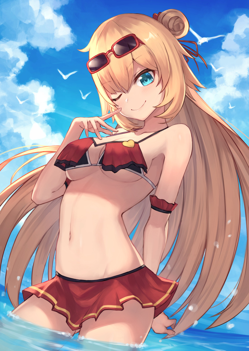 1girl ;) absurdres akai_haato arm_garter bikini bird blonde_hair blue_eyes blue_sky breasts closed_mouth clouds day eyebrows_visible_through_hair eyewear_on_head fingernails groin hair_bun hand_up highres hololive horizon large_breasts long_hair looking_at_viewer masaki_(msk064) medium_breasts navel ocean one_eye_closed outdoors partially_submerged red-framed_eyewear red_bikini sidelocks sky smile solo standing sunglasses swimsuit very_long_hair virtual_youtuber wading water