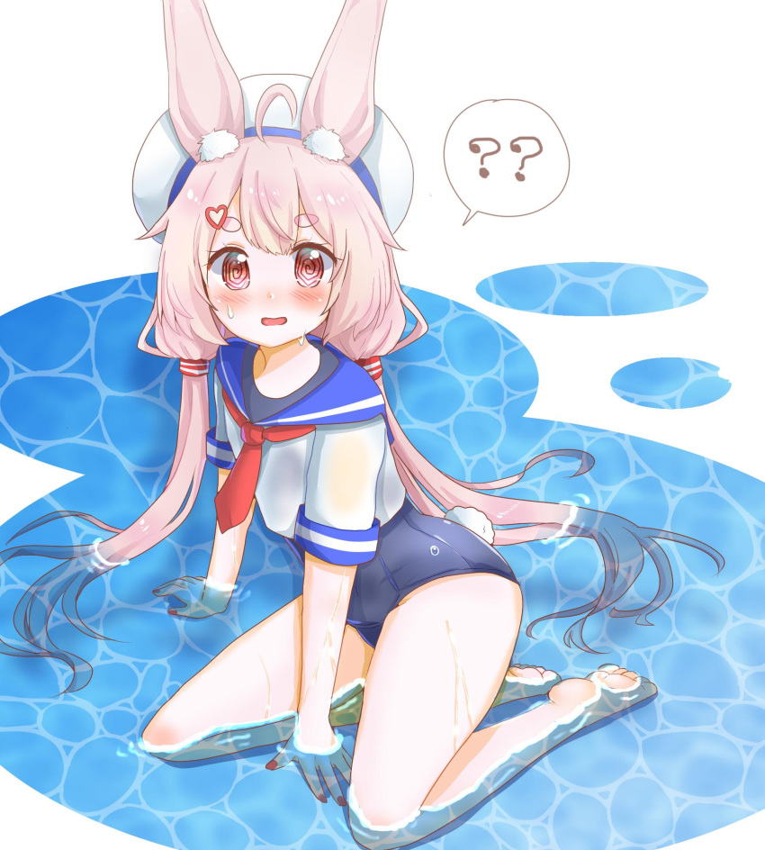 1girl ? ahoge animal_ear_fluff animal_ears barefoot blush bunny_tail commentary_request hair_ornament hairclip hat highres kneeling long_hair looking_at_viewer low_twintails one-piece_swimsuit open_mouth partially_submerged pink_eyes pink_hair rabbit_ears school_swimsuit school_uniform serafuku shirt solo spoken_question_mark swimsuit tail tanikake_yoku thighs tomari_mari tomari_mari_channel twintails very_long_hair virtual_youtuber water wet wet_clothes wet_shirt white_headwear white_shirt