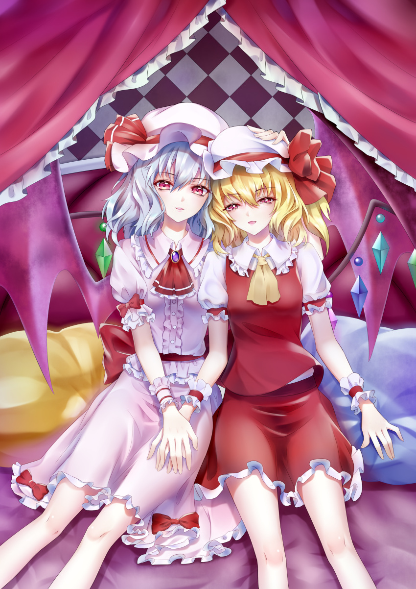 2girls absurdres ascot bangs bat_wings bed_sheet blonde_hair blue_hair blush bow breasts brooch center_frills checkered chinese_commentary commentary_request crystal curtains dress eyebrows_visible_through_hair fang feet_out_of_frame flandre_scarlet frilled_ascot frilled_shirt_collar frills hair_between_eyes hand_on_another's_head hat hat_bow hat_ribbon highres holding_hands jewelry kirby_d_a looking_at_viewer miniskirt mob_cap multiple_girls one_side_up parted_lips petticoat pillow pink_dress puffy_short_sleeves puffy_sleeves red_bow red_eyes red_neckwear red_ribbon red_sash red_skirt red_vest remilia_scarlet ribbon sash shadow shirt short_hair short_sleeves siblings sisters sitting skirt skirt_set small_breasts smile touhou vest white_headwear white_shirt wings wrist_cuffs yellow_neckwear