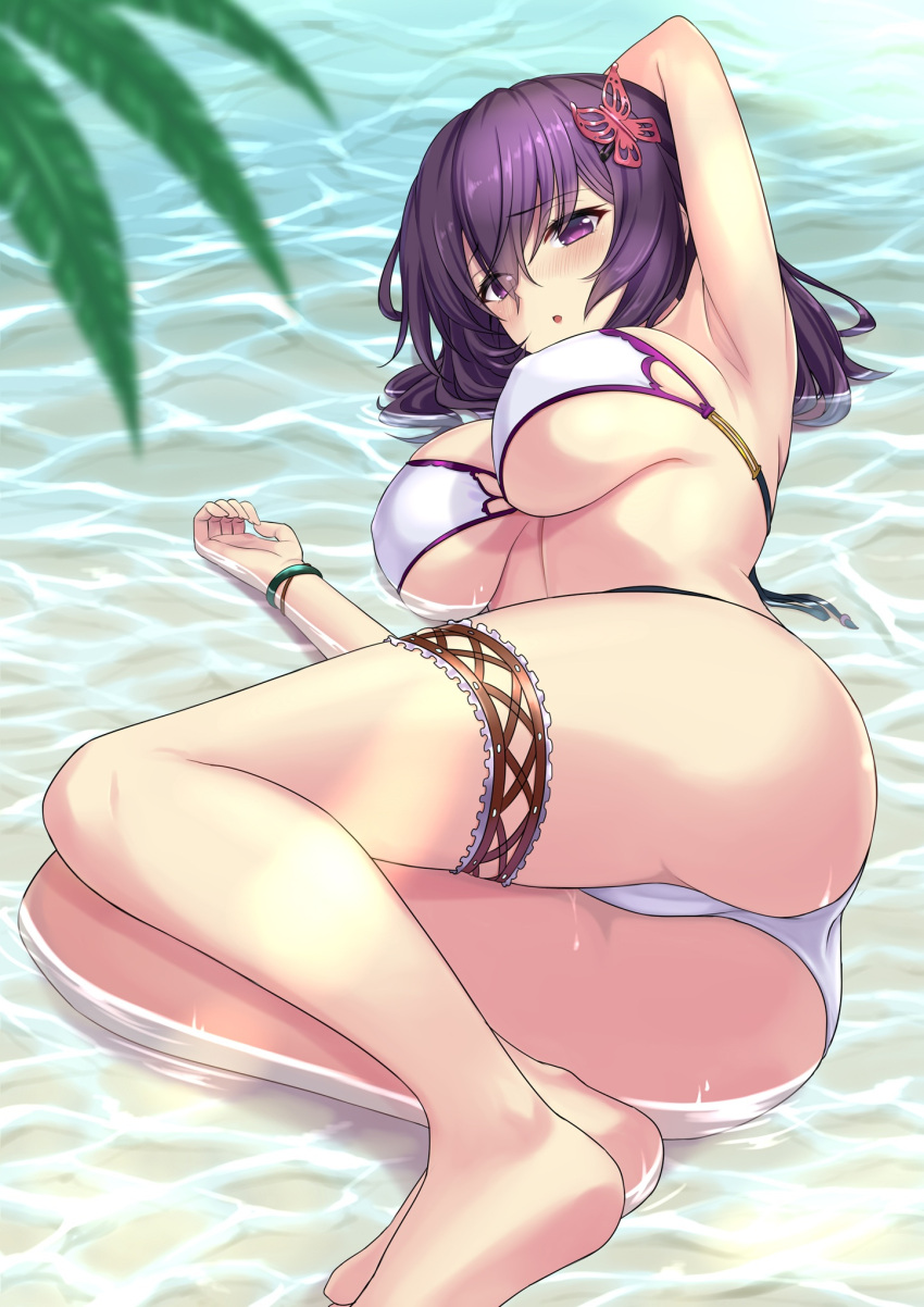armpits ass bikini blush bracelet breasts hair_ornament highres jewelry konohana_enishi large_breasts long_hair looking_at_viewer lying on_side open_mouth original partially_submerged purple_hair sengoku_aky swimsuit thigh_strap violet_eyes white_bikini