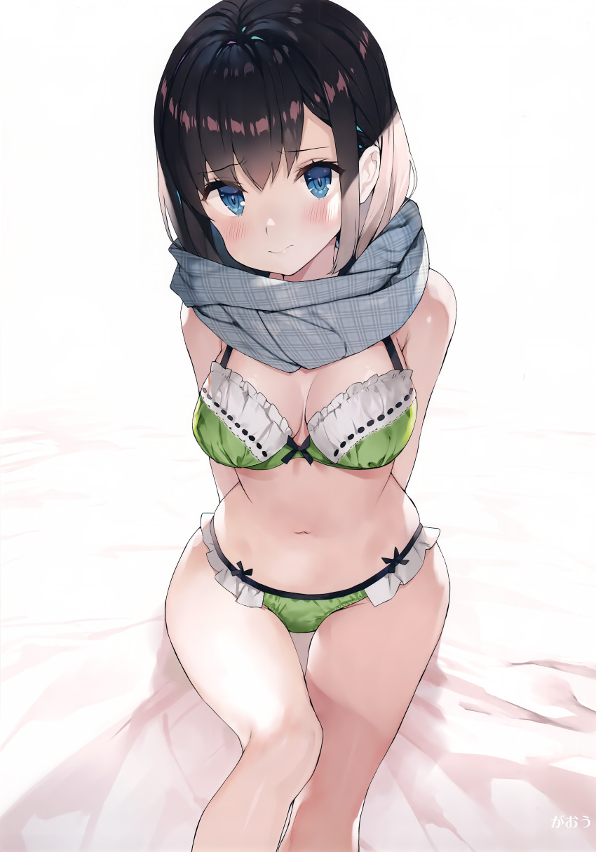 1girl 3: absurdres arms_behind_back artist_name black_hair blue_eyes blush bra breasts closed_mouth eyebrows_visible_through_hair green_bra green_panties highres looking_at_viewer matsui_hiroaki medium_breasts melonbooks navel panties plaid plaid_scarf scan scarf short_hair sitting solo underwear underwear_only