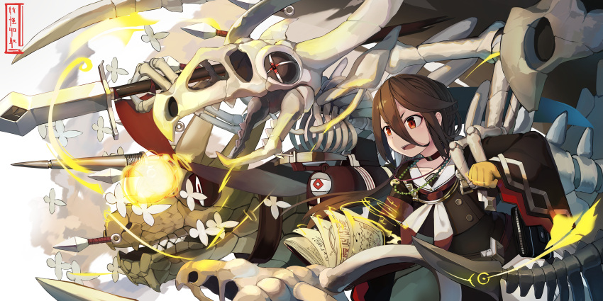 1girl absurdres bangs black_jacket book brown_gloves brown_hair commentary_request eyebrows_visible_through_hair flower gloves gradient gradient_background grey_background hair_between_eyes highres holding holding_weapon jacket kunai long_hair long_sleeves natori_youkai open_book open_mouth original red_eyes sailor_collar sidelocks skeleton sleeves_past_wrists solo translated v-shaped_eyebrows very_long_hair weapon white_background white_flower white_neckwear white_sailor_collar wide_sleeves