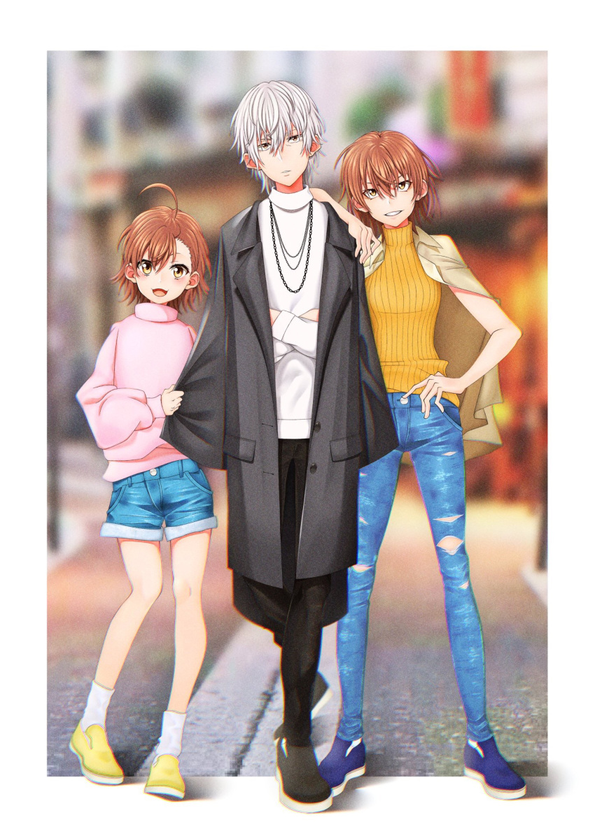 1boy 2girls :3 accelerator ahoge blush casual denim denim_shorts grin highres jeans last_order looking_at_viewer misaka_worst multiple_girls pants ribbed_sweater short_shorts shorts shoui silver_hair sleeveless sleeveless_turtleneck smile sweater to_aru_majutsu_no_index turtleneck yellow_eyes