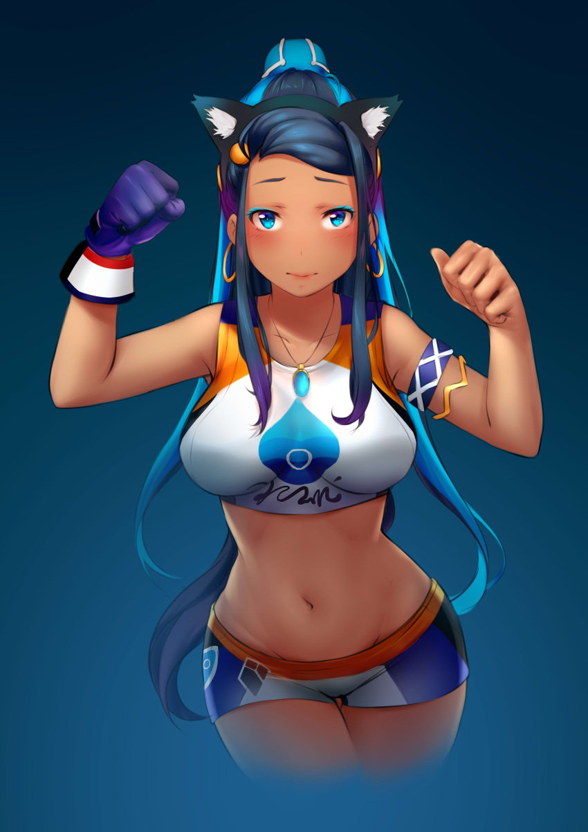 1girl absurdres animal_ears armlet artist_request bare_shoulders black_hair blue_background blue_eyes blue_hair blush breasts cat_ears collarbone commentary_request dark_skin earrings gloves gym_leader hair_bun highres hoop_earrings jewelry large_breasts long_hair looking_at_viewer multicolored_hair navel necklace pokemon pokemon_(game) rurina_(pokemon) simple_background single_glove solo swimsuit two-tone_hair