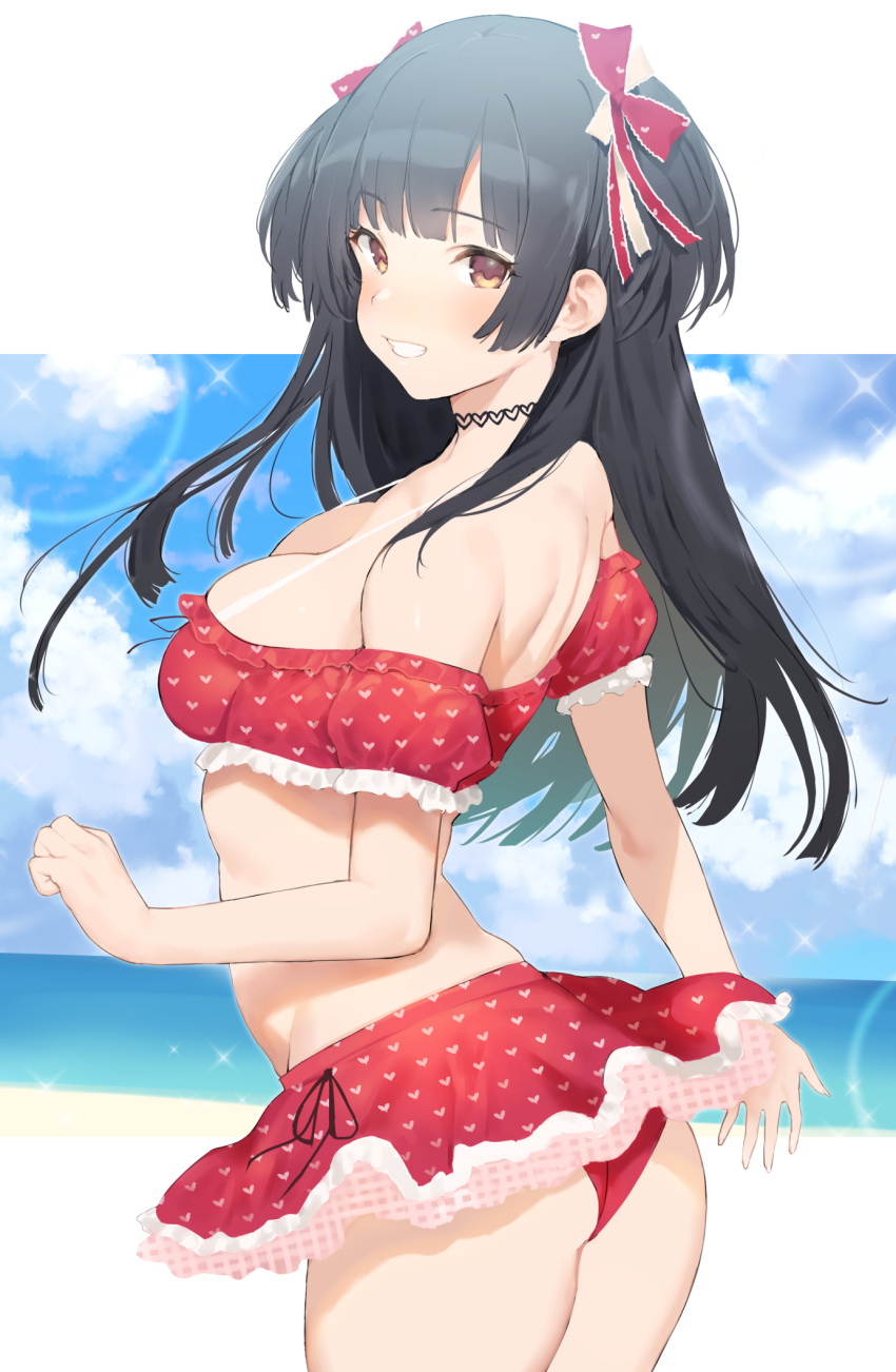 1girl ass back bangs bare_shoulders beach bikini black_hair blunt_bangs blush breasts brown_eyes heart heart_print highres idolmaster idolmaster_shiny_colors long_hair looking_at_viewer mayuzumi_fuyuko medium_breasts miniskirt nekoshoko red_bikini skirt smile solo swimsuit thighs two_side_up