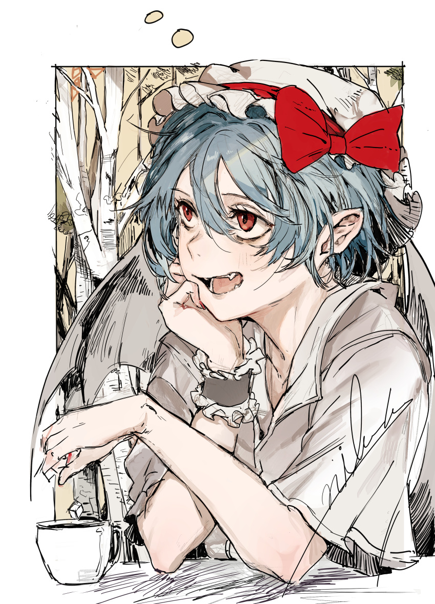 1girl absurdres bangs blue_hair bow collarbone collared_shirt commentary_request cup dress_shirt elbows_on_table fang hair_between_eyes hands_up hat hat_bow highres hiranko looking_away mob_cap open_mouth red_bow red_eyes remilia_scarlet shirt single_wrist_cuff sketch solo sugar_cube touhou tree upper_body white_headwear white_shirt wide_sleeves wrist_cuffs