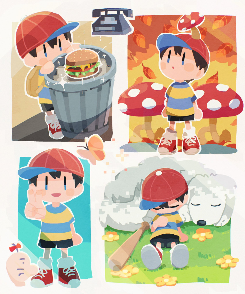1boy :o backpack bag baseball_cap black_hair black_shorts bug burger butterfly chibi dog doseisan flower food grass hat highres king_(mother_2) male_focus mother_(game) mother_2 multiple_views mushroom mushroom_on_head ness_(mother_2) open_mouth parted_lips phone red_footwear shirt shoes short_sleeves shorts sitting sleeping sleeping_upright sneakers soresaki standing striped striped_shirt t-shirt trash_can v yellow_flower
