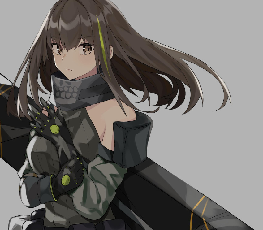 1girl adjusting_clothes adjusting_gloves aogisa bandana bangs bare_shoulders black_gloves black_hair blush breasts brown_eyes closed_mouth elbow_pads eyebrows_visible_through_hair eyelashes girls_frontline gloves grey_background highres long_hair looking_at_viewer m4a1_(girls_frontline) multicolored_hair pouch ribbed_shirt shirt simple_background skull_print sleeveless solo strap streaked_hair two-tone_hair upper_body