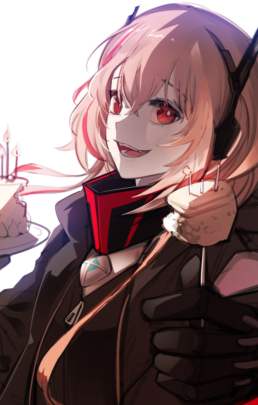 1girl :d bangs black_gloves black_jacket black_shirt blonde_hair burning cake candle cizzi commentary eyebrows_visible_through_hair fire food girls_frontline gloves hair_between_eyes headphones highres holding jacket long_sleeves looking_at_viewer m4_sopmod_ii_(girls_frontline) multicolored_hair open_clothes open_jacket open_mouth red_eyes redhead shirt sidelocks simple_background smile solo streaked_hair upper_body white_background