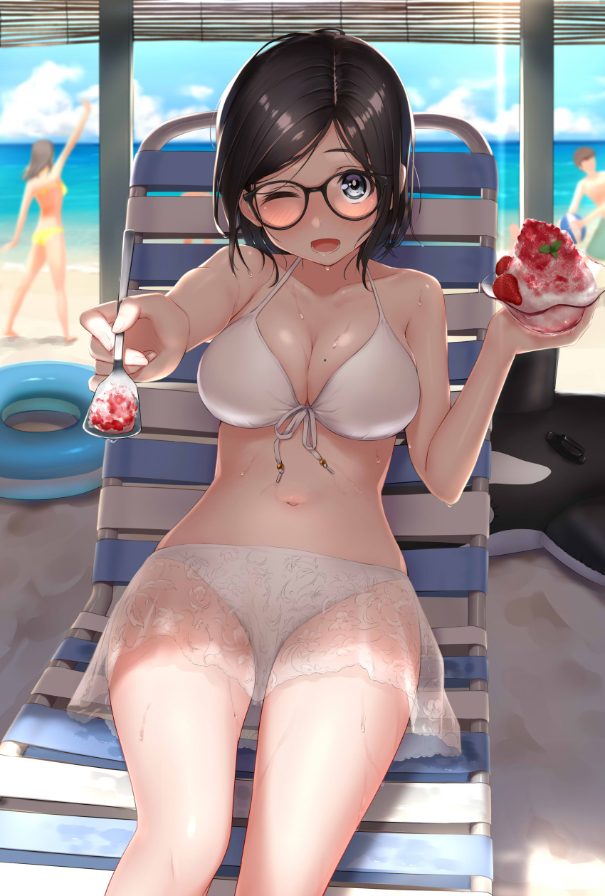 1boy 2girls ;d absurdres backlighting bangs beach bikini black_hair blue_eyes blue_sky blush breasts chair clouds collarbone day dripping food front-tie_bikini front-tie_top fruit giving glasses hands_up highres holding ice_cream inflatable_toy innertube looking_at_viewer lounge_chair lying medium_breasts mole mole_on_breast multiple_girls navel ocean on_back one_eye_closed open_mouth original outdoors parted_bangs sarong see-through shade shiny shiny_skin short_hair sky smile solo_focus spoon strawberry swimsuit takebi wet white_bikini yellow_bikini