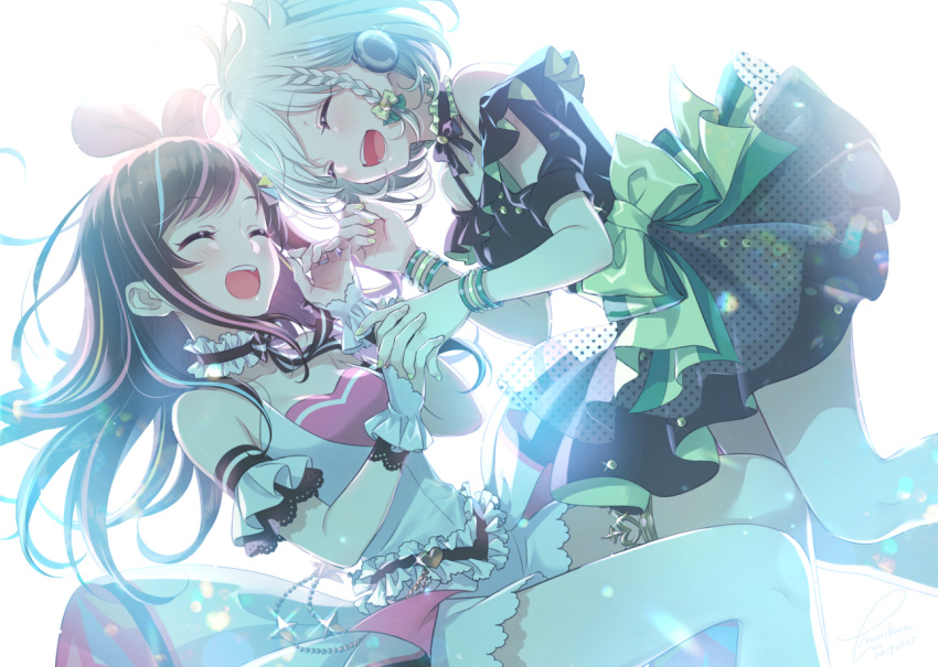 2girls :d ^_^ a.i._channel backlighting bare_shoulders black_shirt blue_hair blush bow braid brown_hair closed_eyes commentary_request crossover fingernails green_bow green_nails grey_skirt hair_bow hair_ribbon headphones holding_hands interlocked_fingers kizuna_ai long_hair morikura_en multicolored_hair multiple_girls nail_polish off-shoulder_shirt off_shoulder open_mouth pink_hair pink_ribbon pleated_skirt polka_dot_skirt puffy_short_sleeves puffy_sleeves ribbon shirt short_sleeves silver_hair simple_background single_braid skirt smile streaked_hair upper_teeth very_long_hair virtual_youtuber white_background white_shirt white_skirt wrist_cuffs yuni_(yuni_channel) yuni_channel