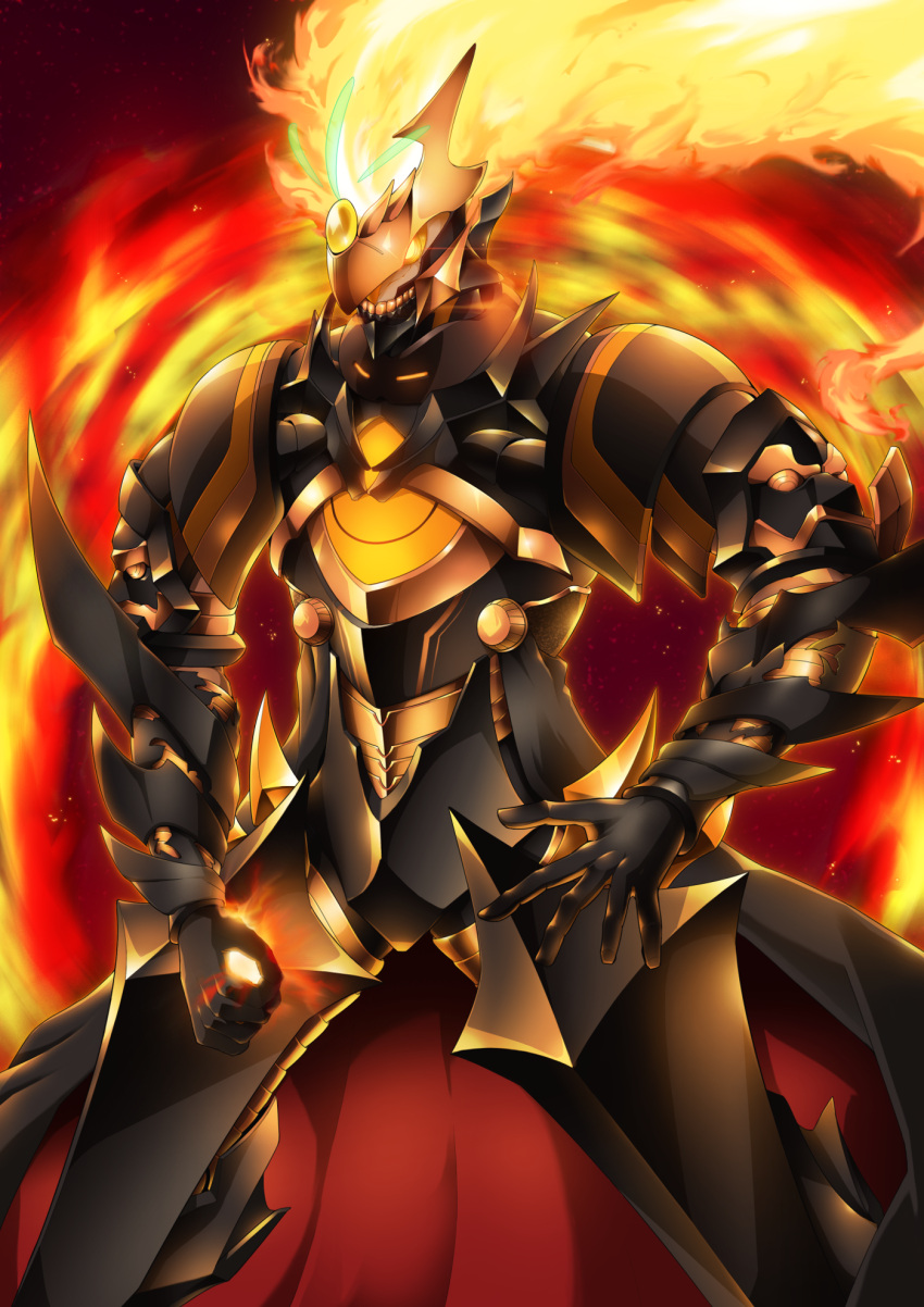 1boy armor ashwatthama_(fate/grand_order) black_armor black_gloves cowboy_shot fate/grand_order fate_(series) fiery_background fire full_armor gamiani_zero gloves highres male_focus pauldrons solo standing