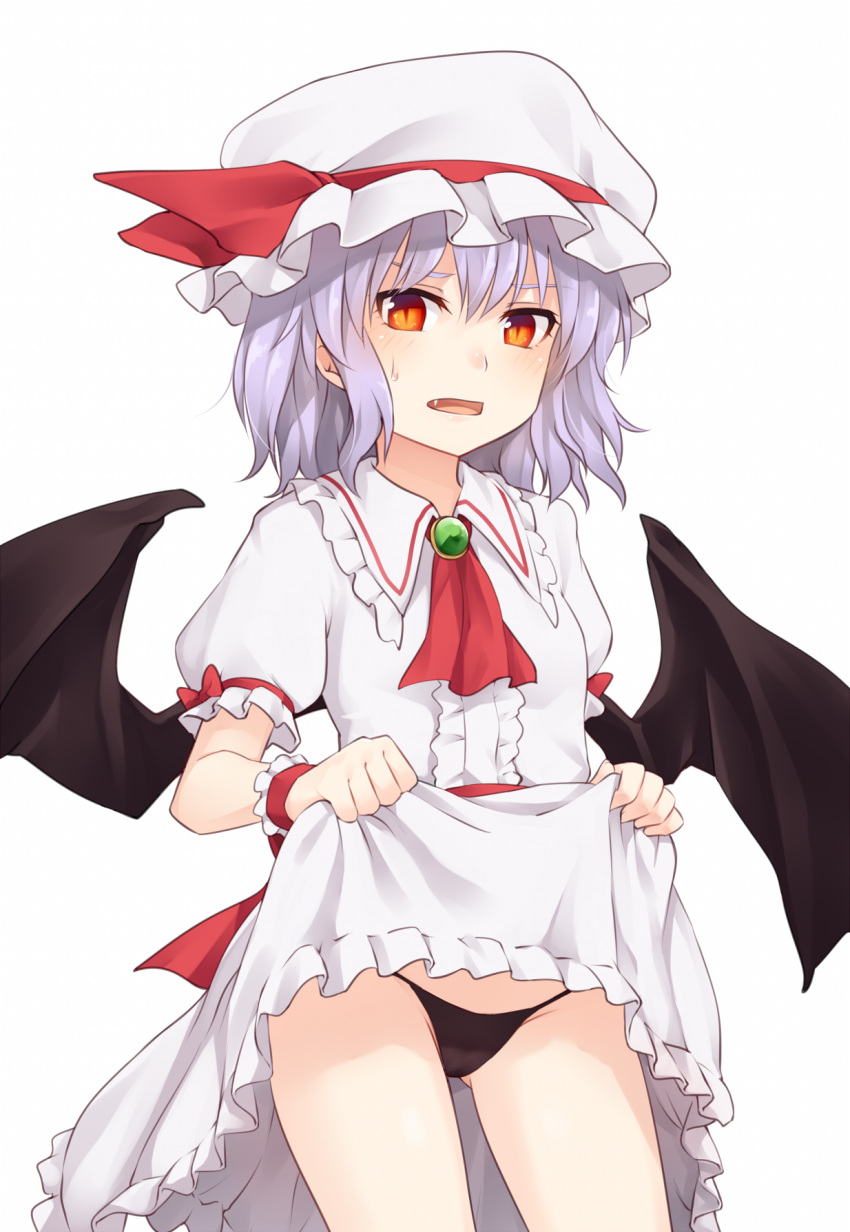 1girl ascot ass_visible_through_thighs bangs bat_wings black_panties blue_hair blush brooch center_frills commentary_request cowboy_shot dress dress_lift fang frilled_shirt_collar frills groin hat hat_ribbon highres jewelry lifted_by_self looking_at_viewer miyo_(ranthath) mob_cap open_mouth panties puffy_short_sleeves puffy_sleeves red_eyes red_neckwear red_ribbon red_sash remilia_scarlet ribbon sash short_hair short_sleeves simple_background slit_pupils solo standing sweat thighs touhou underwear white_background white_headwear wings wrist_cuffs