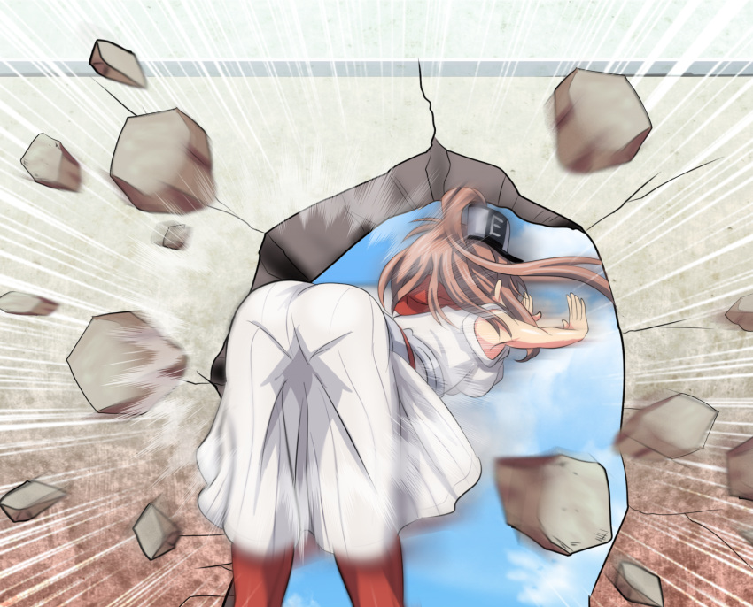 1girl ass brown_hair commentary_request cracked_wall dress from_behind hair_ornament highres hip_attack hole_in_wall kantai_collection neckerchief ponytail red_legwear red_neckwear saratoga_(kantai_collection) side_ponytail smokestack_hair_ornament solo tk8d32 wall white_dress
