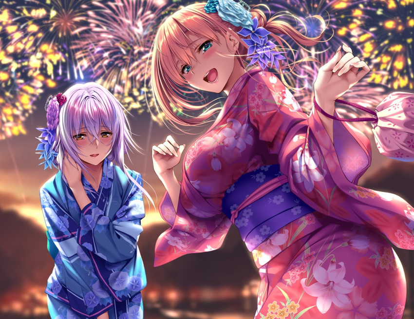 2girls :d aqua_eyes bangs blonde_hair blue_kimono blush breasts brown_eyes cowboy_shot eyebrows_visible_through_hair fireworks floral_print flower hair_between_eyes hair_flower hair_ornament half-closed_eyes japanese_clothes kimono large_breasts leaning_forward long_hair looking_at_viewer multiple_girls obi open_mouth original outdoors pink_kimono piromizu purple_hair sash sidelocks smile sunset wide_sleeves wind