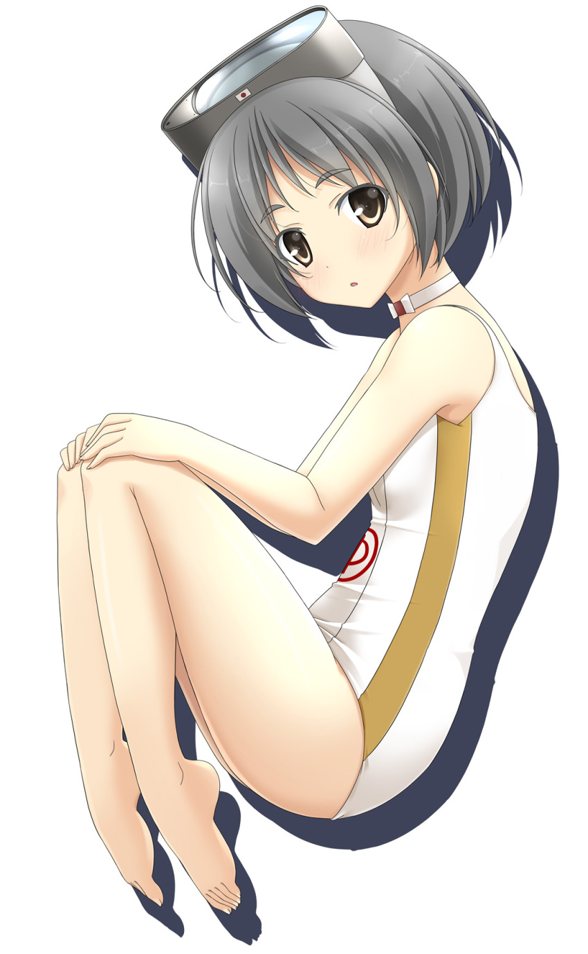1girl barefoot breasts brown_eyes choker commentary_request diving_mask_on_head from_side grey_hair hands_on_own_knees highres japanese_flag kantai_collection looking_at_viewer maru-yu_(kantai_collection) rappa_(rappaya) school_uniform shadow short_hair small_breasts solo thighs toes white_background