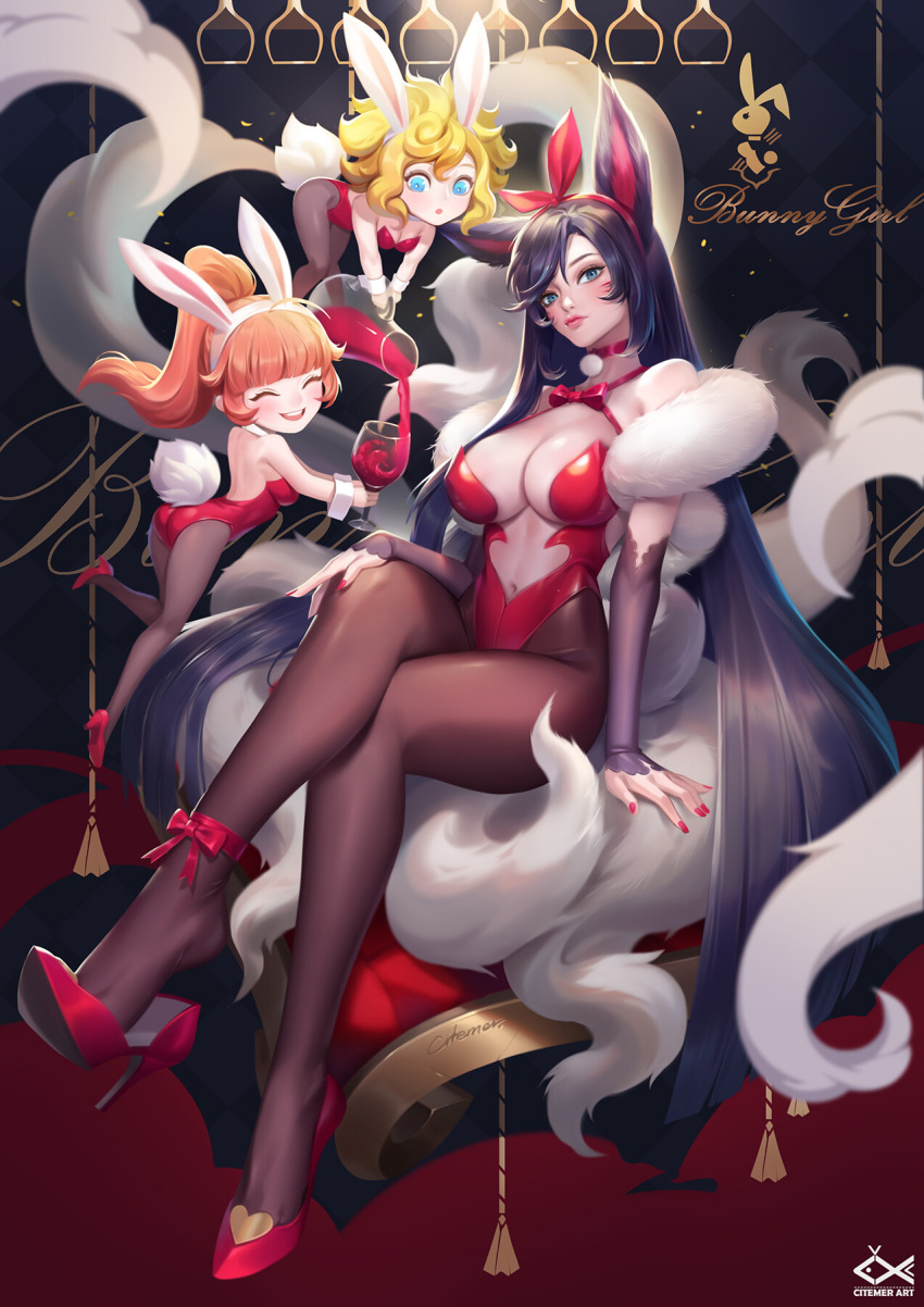 3girls :o ahri animal_ears ankle_ribbon ankleband anklet artist_name back backless_outfit bangs black_hair blonde_hair blue_eyes blush bow breasts bunny_girl bunny_tail bunnysuit choker citemer closed_eyes closed_mouth crossed_legs detached_sleeves facial_tattoo fake_animal_ears fake_tail fox_ears fox_tail fur fur_trim hairband high_heels high_ponytail highleg highleg_leotard highres jewelry large_breasts league_of_legends leotard lips lipstick long_hair looking_at_viewer makeup medium_hair multiple_girls nail_polish navel open_mouth orange_hair pantyhose parted_lips ponytail rabbit_ears ribbon sitting small_breasts smile swept_bangs tail tattoo very_long_hair wrist_cuffs