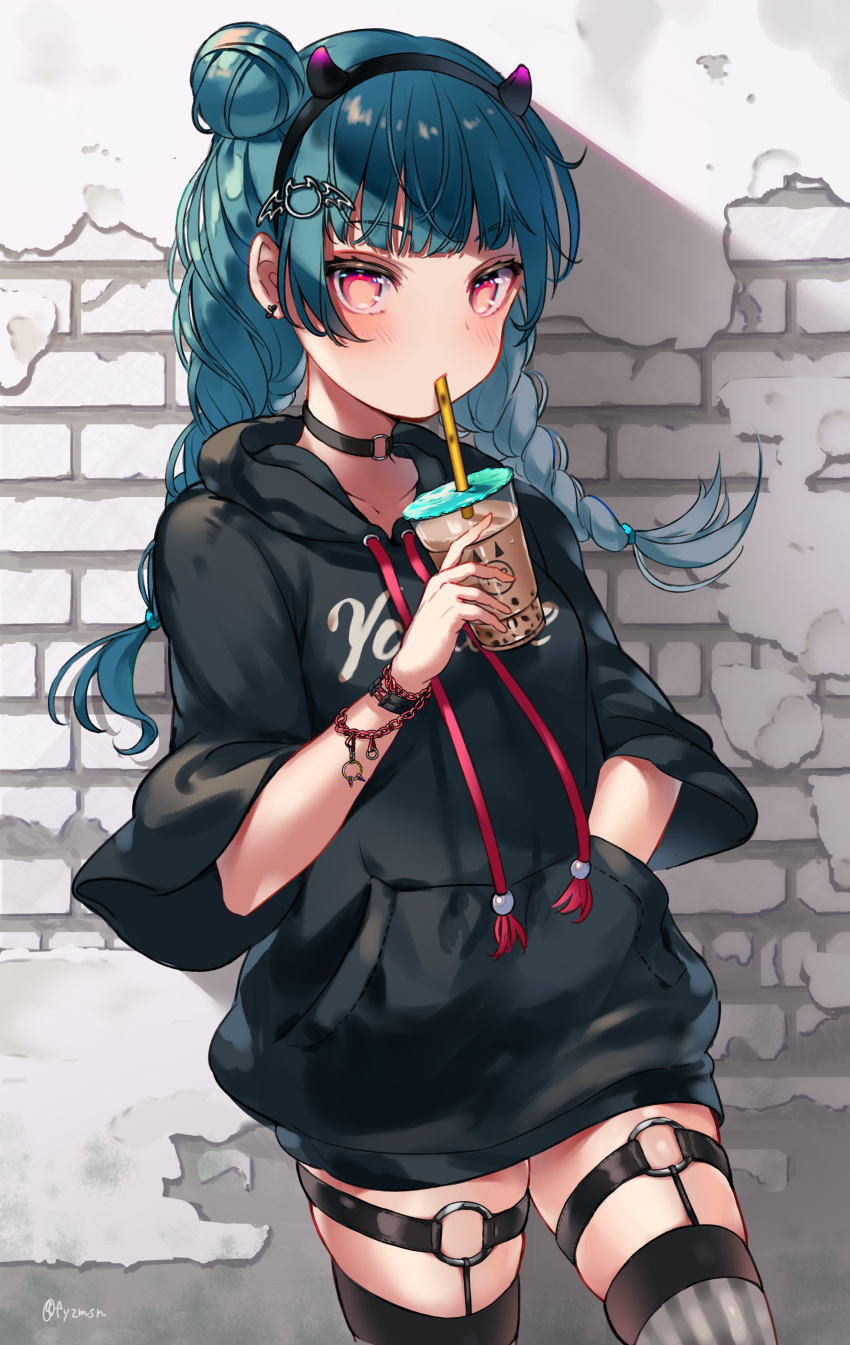 1girl absurdres alternate_hairstyle bangs black_hairband black_sweater blue_hair bracelet braid bubble_tea cowboy_shot drinking drinking_straw eyebrows_visible_through_hair fake_horns floating_hair fuyuzima garter_straps grey_legwear hair_bun hairband hand_in_pocket highres holding jewelry long_hair love_live! love_live!_sunshine!! red_eyes shiny shiny_hair solo standing striped striped_legwear sweater thigh-highs tsushima_yoshiko twin_braids twintails vertical-striped_legwear vertical_stripes zettai_ryouiki