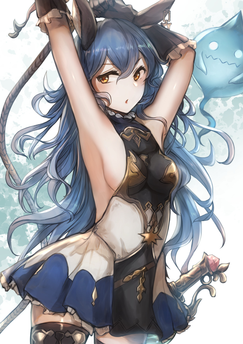1girl animal_ears armpits arms_up black_legwear blue_hair blue_skirt breasts brown_gloves cowboy_shot curly_hair elbow_gloves ferry_(granblue_fantasy) floating_hair frilled_gloves frills gloves granblue_fantasy hair_between_eyes highres long_hair looking_at_viewer medium_breasts miniskirt open_mouth pleated_skirt sheath sheathed shiny shiny_hair sideboob skirt solo standing sword thigh-highs tsyn two-tone_skirt very_long_hair weapon white_background white_skirt yellow_eyes zettai_ryouiki