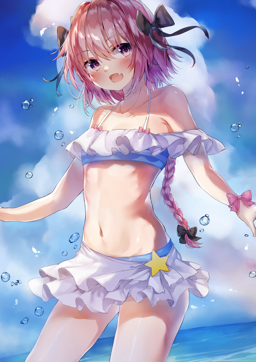 1boy absurdres astolfo_(fate) bangs bikini bikini_skirt black_bow blue_bikini blush bow braid clouds collarbone commentary_request cowboy_shot eyebrows_visible_through_hair fang fate/extella fate/extella_link fate/extra fate_(series) hair_ribbon highres long_hair looking_at_viewer male_focus mochi_nabe navel open_mouth otoko_no_ko pink_bow pink_hair ribbon single_braid smile solo swimsuit violet_eyes water