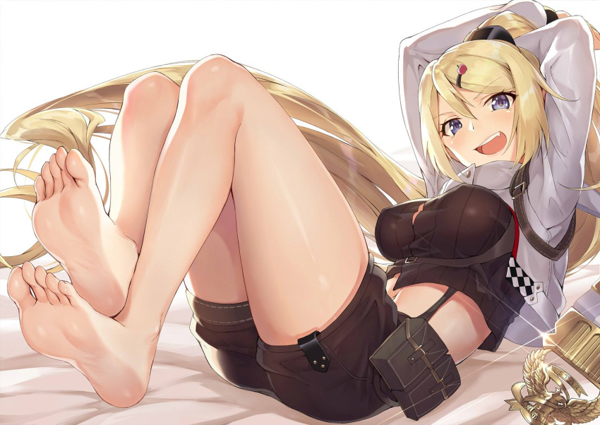 1girl arms_up ash_arms barefoot bed_sheet blonde_hair blue_eyes blush breasts brown_shirt brown_shorts character_request commentary_request cropped_jacket crossed_arms feet fengsao_hua_tanzhang hair_between_eyes hair_ornament hairclip high_ponytail jacket legs_together lens_flare long_hair looking_at_viewer lying medium_breasts navel on_back open_mouth shiny shiny_skin shirt shorts simple_background soles solo toes very_long_hair white_background white_jacket