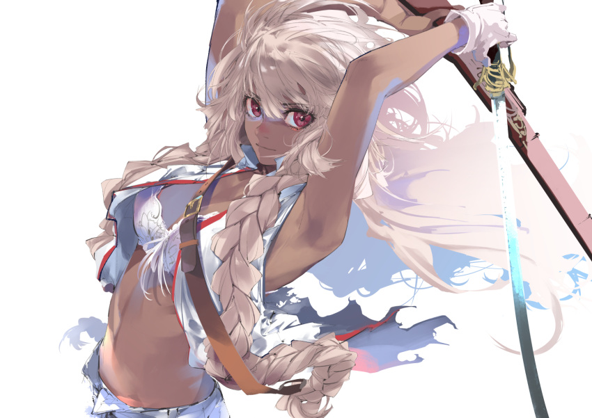 1girl armpits arms_up bangs bare_shoulders bra braid breasts closed_mouth dark_skin eyebrows_visible_through_hair fate/grand_order fate_(series) gloves gun highres holding holding_sword holding_weapon kiriyama lakshmibai_(fate/grand_order) long_hair looking_at_viewer midriff red_eyes rifle saber_(weapon) shoulder_strap sleeveless solo strap sword twin_braids underwear very_long_hair vest weapon white_gloves white_hair