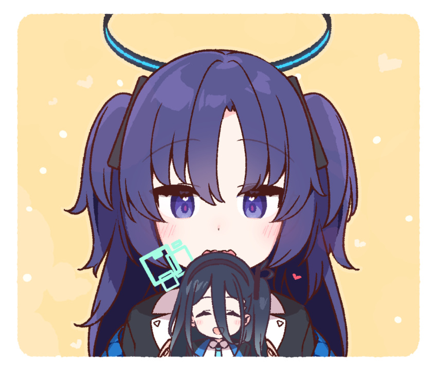 2girls :d aris_(blue_archive) black_hair blue_archive blush closed_mouth double-parted_bangs hair_between_eyes halo heart heart_in_eye long_hair long_hair_between_eyes looking_at_another multiple_girls one_side_up parted_bangs purple_hair rectangular_halo smile symbol_in_eye two_side_up violet_eyes yellow_background yoru_nai yuuka_(blue_archive)