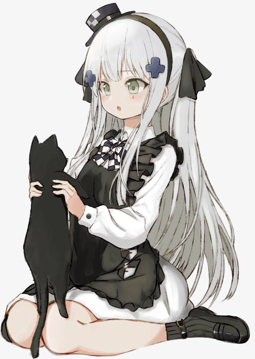 1girl animal apron bangs black_apron black_cat black_headwear black_legwear black_neckwear black_ribbon bow bowtie cat checkered checkered_neckwear collared_dress commentary_request dress eyebrows_visible_through_hair facial_mark frilled_apron frills full_body fuyono_neru girls_frontline green_eyes grey_background hair_ornament hair_ribbon hat highres hk416_(girls_frontline) holding holding_animal loafers long_hair long_sleeves medium_dress mini_hat mini_top_hat open_mouth partial_commentary ribbon shoes silver_hair simple_background sitting socks solo teardrop top_hat wariza white_dress