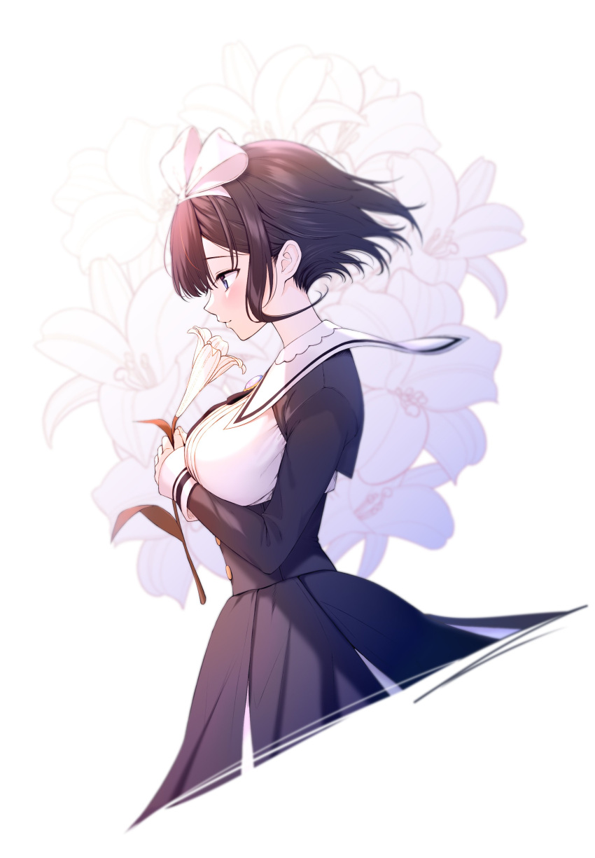 1girl absurdres black_dress black_hair blue_eyes blush bow breasts closed_mouth dress floating_hair flower furrowed_eyebrows hairband highres holding holding_flower iriam large_breasts light_smile long_sleeves nakamine_lily neck_ribbon puffy_long_sleeves puffy_sleeves ribbon shimashima08123 short_dress short_hair sidelocks simple_background smile solo upper_body virtual_youtuber white_background