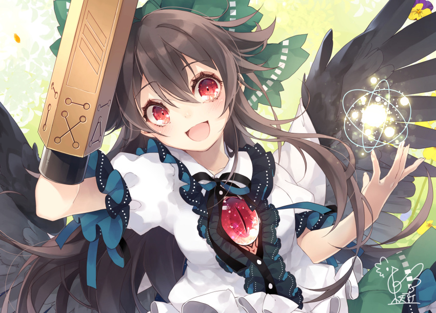 1girl :d arm_cannon arm_up atom bangs black_hair black_neckwear black_ribbon black_wings blush bow breasts cape center_frills collarbone commentary_request eyebrows_visible_through_hair feathered_wings flower green_bow green_skirt hair_between_eyes hair_bow hand_up head_tilt highres long_hair looking_at_viewer medium_breasts neck_ribbon open_mouth petals pink_flower puffy_short_sleeves puffy_sleeves red_eyes reiuji_utsuho ribbon shirt short_sleeves signature skirt smile solo touhou toutenkou upper_body weapon white_cape white_shirt wings yellow_flower