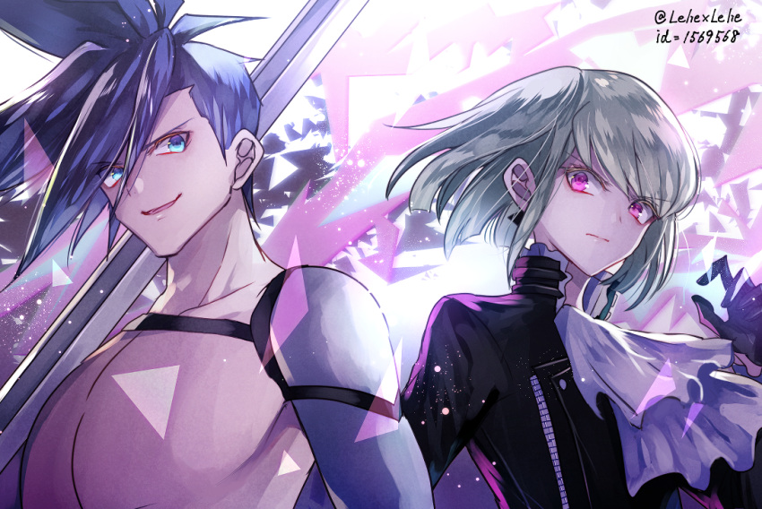 2boys artist_name bangs blue_hair collarbone commentary_request cravat eyebrows_visible_through_hair eyes_visible_through_hair frown galo_thymos gloves green_hair hair_over_one_eye holding holding_sword holding_weapon jacket lio_fotia long_hair looking_at_viewer male_focus multiple_boys promare short_hair smile spiky_hair sword violet_eyes weapon z-epto_(chat-noir86)