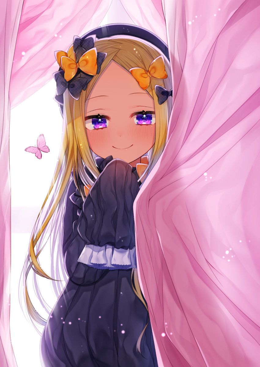 1girl abigail_williams_(fate/grand_order) akirannu bangs black_bow black_dress black_headwear blonde_hair blue_eyes blush bow bug butterfly commentary_request curtain_grab curtains dress fate/grand_order fate_(series) hair_bow hat highres insect long_hair long_sleeves looking_at_viewer multiple_bows orange_bow parted_bangs polka_dot polka_dot_bow sleeves_past_fingers sleeves_past_wrists smile solo