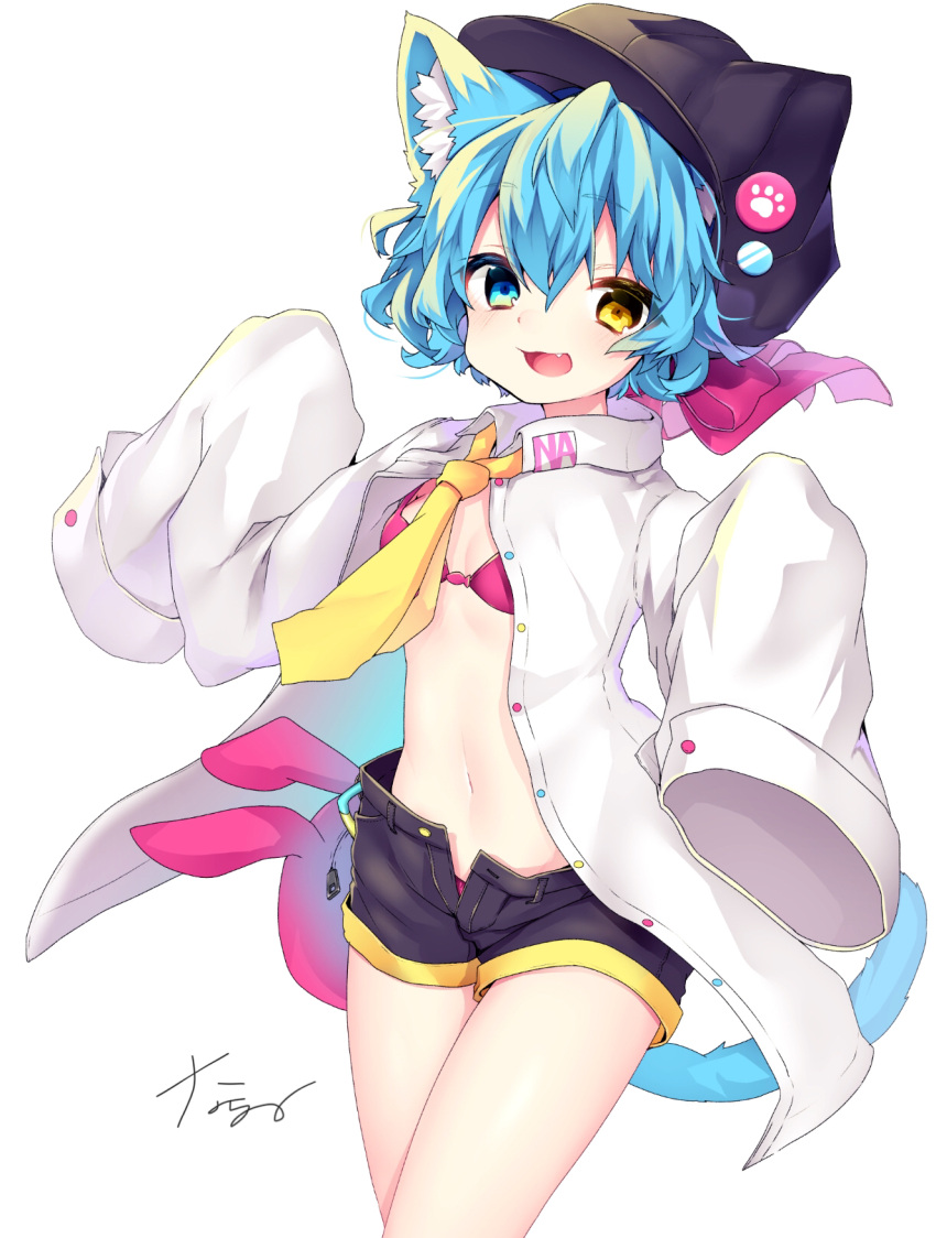 1girl :d animal_ear_fluff animal_ears animal_hat bikini bikini_under_clothes black_headwear black_shorts blue_eyes blue_hair bow breasts cabbie_hat cat_ears cat_girl cat_hat cat_tail collared_shirt commentary_request dress_shirt fake_animal_ears fang hat hat_bow heterochromia highres long_sleeves nachiru navel necktie open_clothes open_fly open_mouth open_shorts original oversized_clothes oversized_shirt pink_bikini pink_bow shirt short_hair short_shorts shorts signature simple_background sleeves_past_fingers sleeves_past_wrists small_breasts smile solo swimsuit tail white_background white_shirt yellow_eyes yellow_neckwear