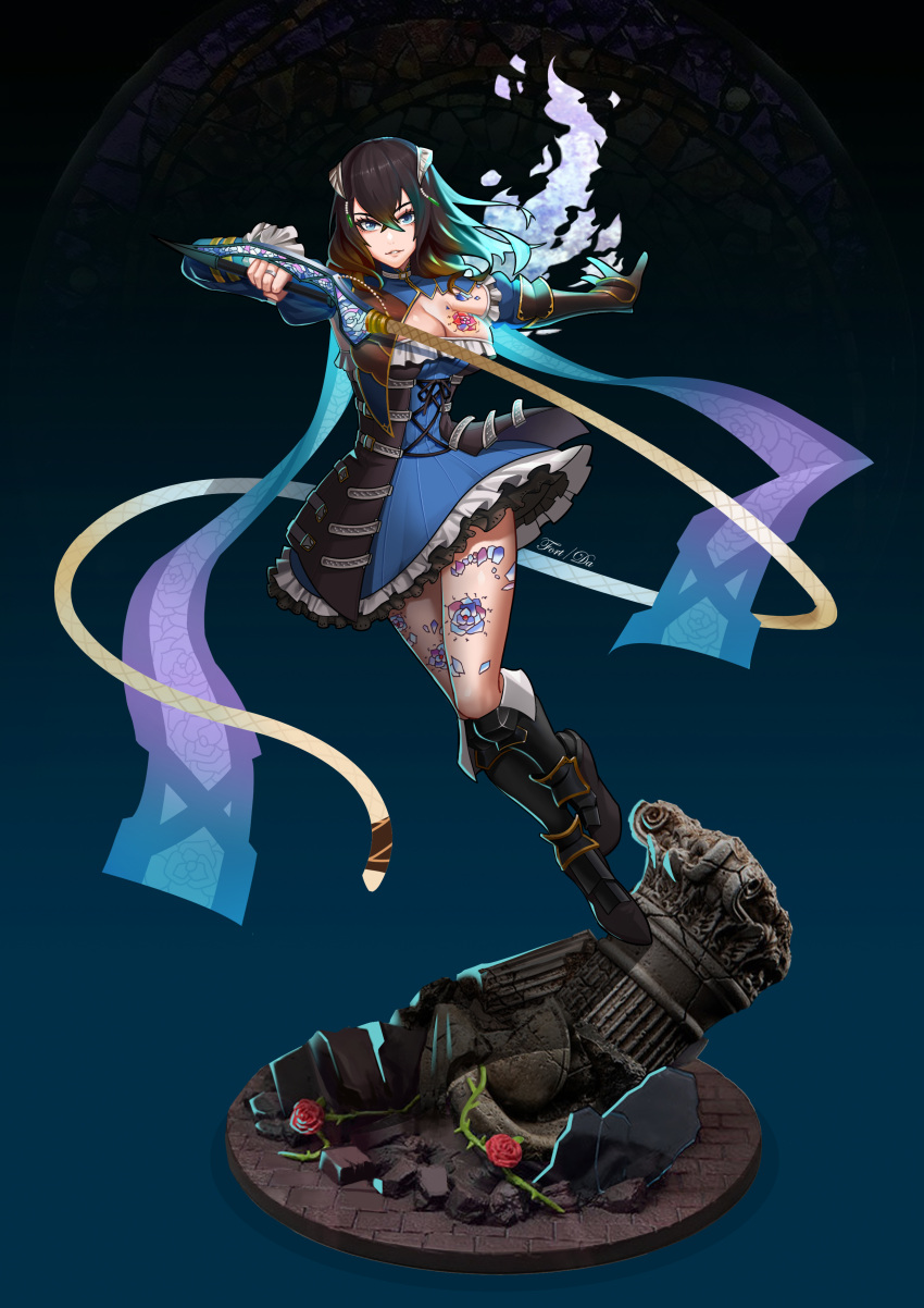 1girl absurdres black_hair bloodstained:_ritual_of_the_night blue_eyes breasts brown_hair detached_sleeves gauntlets gradient_hair hair_between_eyes hair_ornament highres horns looking_at_viewer miriam_(bloodstained) moonface multicolored_hair pale_skin short_hair smile solo stained_glass tattoo weapon whip