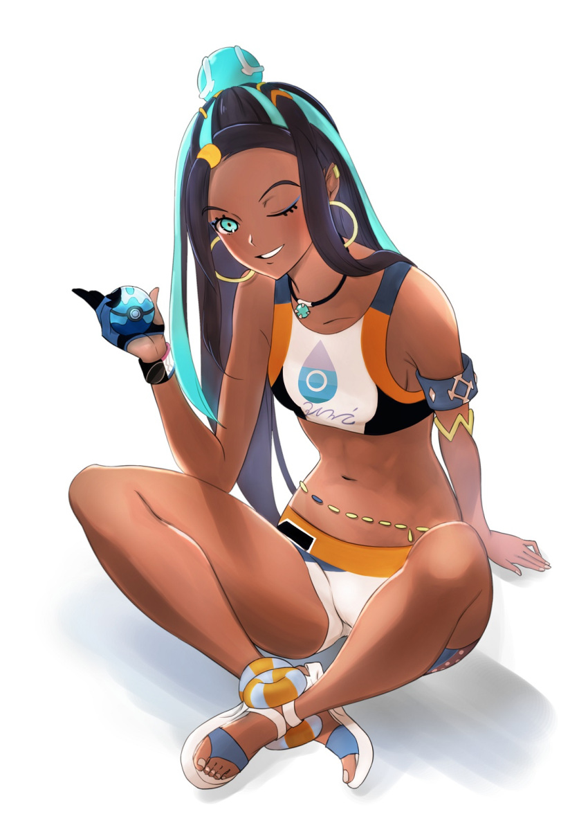 1girl ;) arm_support asymmetrical_gloves belly_chain bikini bikini_shorts black_gloves black_hair blue_eyes blue_hair breasts collarbone earrings full_body gloves grin half_gloves highres holding holding_poke_ball indian_style jewelry kageno_96 long_hair looking_at_viewer multicolored_hair navel necklace one_eye_closed poke_ball pokemon pokemon_(game) pokemon_swsh rurina_(pokemon) shorts sideboob simple_background single_glove sitting small_breasts smile solo sports_bikini swimsuit two-tone_hair very_long_hair white_background white_bikini