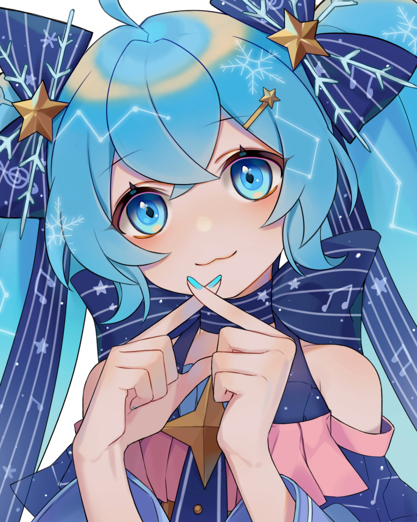 1girl :3 ahoge aqua_nails bare_shoulders beamed_eighth_notes bow bowtie close-up commentary detached_sleeves diamond-shaped_pupils hair_bow hair_ornament hairclip hands_up hatsune_miku heridy highres long_hair looking_at_viewer musical_note nail_polish portrait smile snowflake_print solo staff_(music) star star_hair_ornament symbol-shaped_pupils symbol_commentary treble_clef twintails very_long_hair vocaloid x_fingers yuki_miku yuki_miku_(2017)