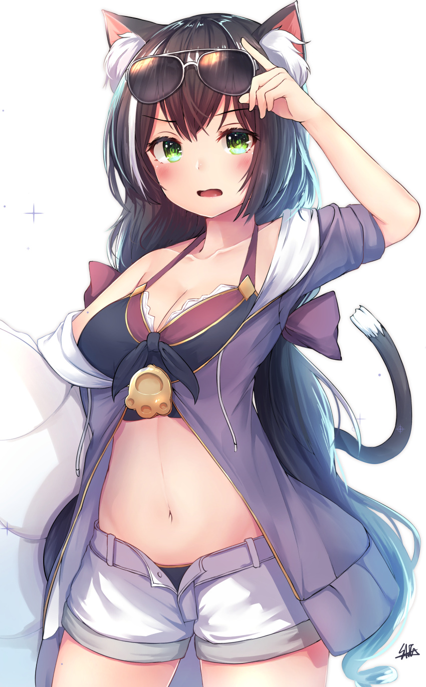 1girl absurdres adjusting_eyewear animal_ear_fluff animal_ears bangs bare_shoulders bikini black_hair blush breasts cat_ears cat_tail eyebrows_visible_through_hair eyewear_on_head green_eyes highres hiromaster_sinta_jh holding jacket kyaru_(princess_connect) long_hair looking_at_viewer low_twintails multicolored_hair navel off_shoulder open_fly open_mouth princess_connect! princess_connect!_re:dive purple_bikini purple_jacket short_shorts shorts signature simple_background solo streaked_hair sunglasses swimsuit tail twintails very_long_hair white_hair white_shorts