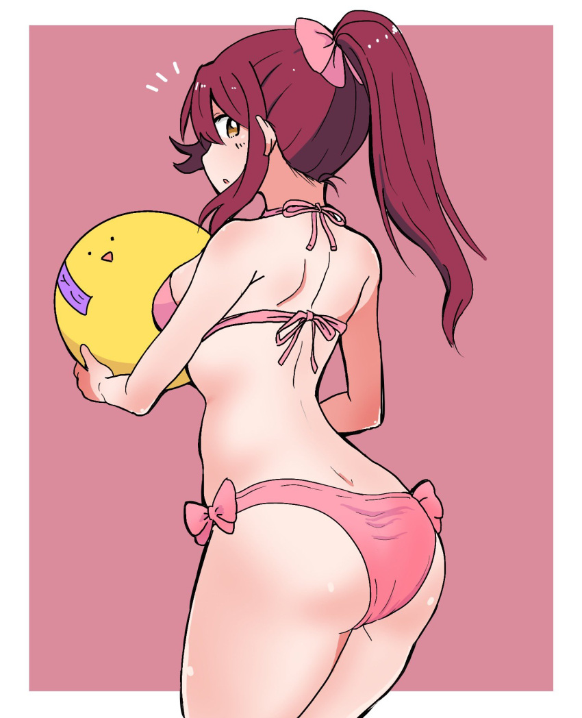 1girl :o ass back ball beachball bikini bow bow_bikini commentary cowboy_shot from_side hair_bow highres holding holding_ball kumaneko_(kumaneko1138) long_hair looking_at_viewer looking_back love_live! love_live!_sunshine!! notice_lines outside_border parted_lips pink_background pink_bikini pink_bow redhead sakurauchi_riko simple_background solo standing swimsuit thighs yellow_eyes