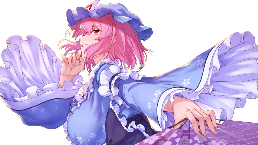1girl absurdres blue_kimono breasts commentary_request fan frilled_kimono frilled_sleeves frills hand_on_own_chin hand_up hat highres ibuki_notsu japanese_clothes kimono large_breasts long_sleeves mob_cap outstretched_arm parted_lips pink_eyes pink_hair profile saigyouji_yuyuko short_hair simple_background solo touhou triangular_headpiece white_background wide_sleeves