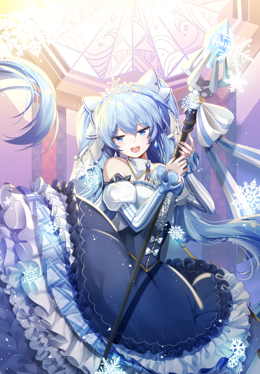 1girl absurdres bare_shoulders beamed_eighth_notes blue_dress blue_eyes blue_hair commentary cowboy_shot crystal detached_collar dress earrings eighth_note frilled_dress frilled_sleeves frills hair_ornament half-closed_eyes hatsune_miku highres holding holding_staff huge_filesize jewelry juliet_sleeves layered_dress lepoule long_hair long_sleeves musical_note musical_note_hair_ornament puffy_sleeves smile snowflake_hair_ornament snowflakes solo staff tiara twintails very_long_hair vocaloid yuki_miku yuki_miku_(2019)
