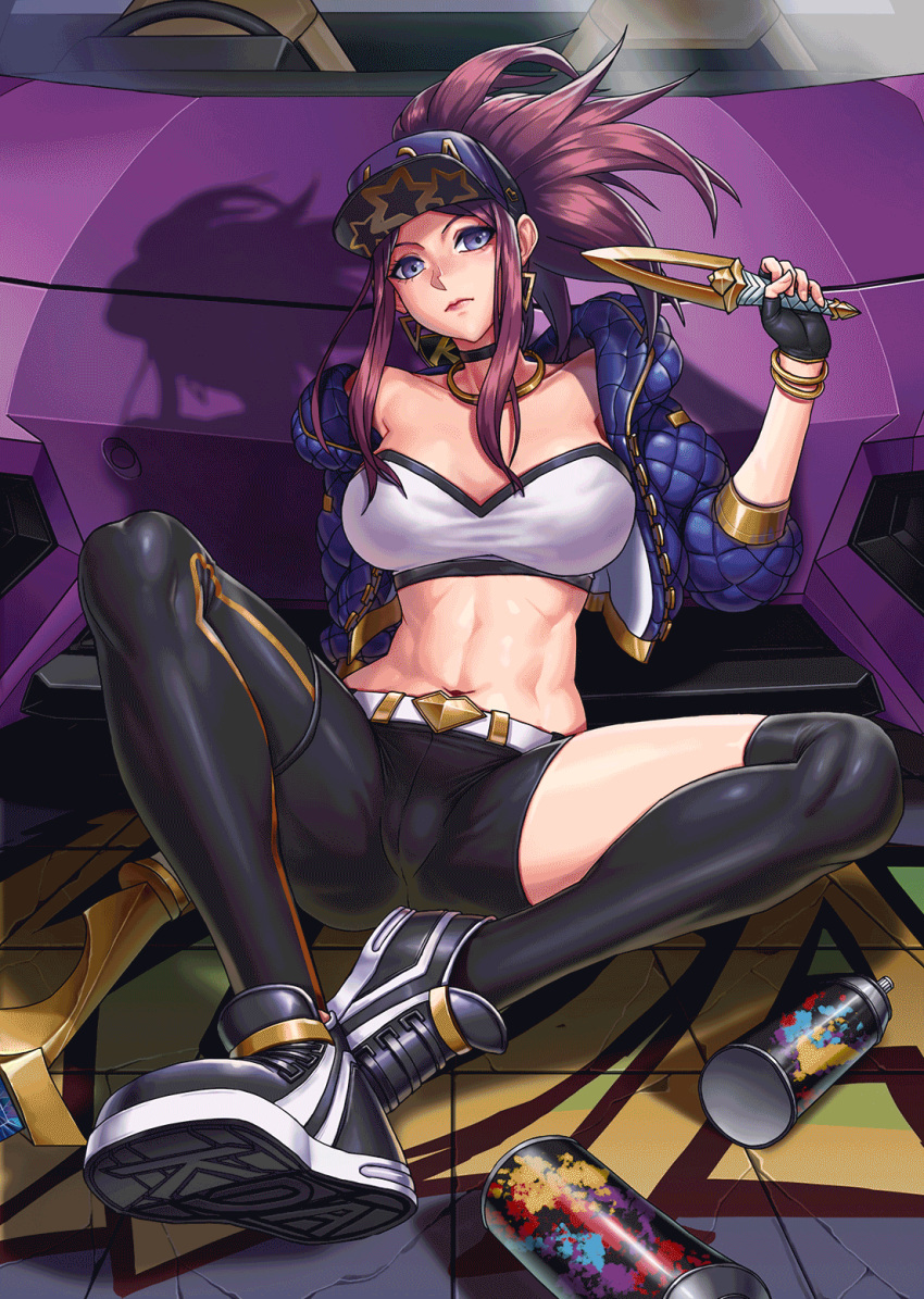 1girl abs akali asymmetrical_legwear bangle baseball_cap black_legwear blue_eyes bracelet breasts car choker cropped_jacket earrings fingerless_gloves full_body gloves gonster ground_vehicle hat highres holding holding_weapon jacket jewelry k/da_(league_of_legends) k/da_akali kunai league_of_legends long_sleeves looking_at_viewer medium_breasts midriff motor_vehicle navel purple_hair shoes sneakers solo spray_can spread_legs strapless thigh-highs tied_hair tubetop weapon