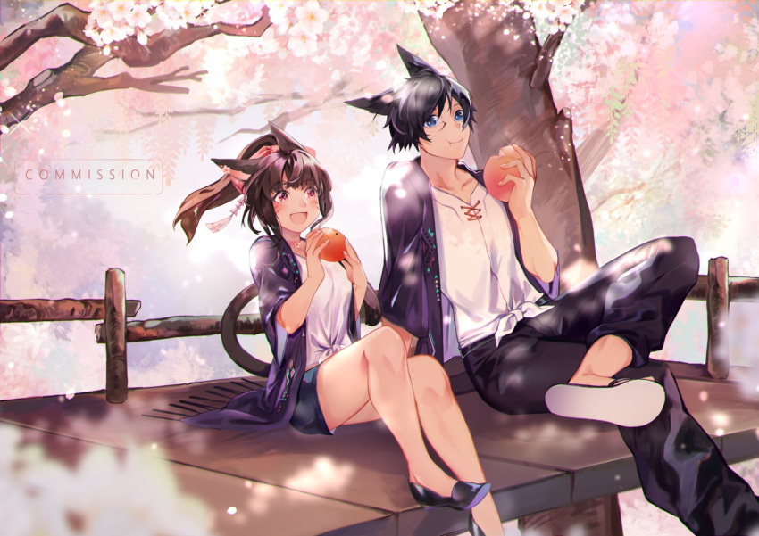 1boy 1girl :d animal_ears ass black_footwear black_hair black_jacket black_legwear black_shorts blue_eyes brown_hair cat_ears cat_tail cherry_blossoms commentary commission eating english_commentary eyebrows_visible_through_hair facial_mark food fruit glasses hair_ornament happy holding holding_food holding_fruit jacket open_mouth original outdoors peach ponytail rirene_rn shirt shoes short_hair short_shorts shorts sitting smile tail tree white_shirt