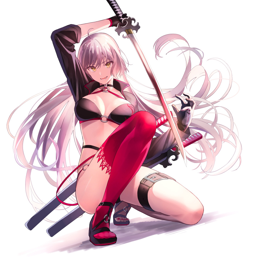 1girl absurdres belt bikini black_bikini black_gloves breasts fate_(series) full_body gloves highres holding holding_sword holding_weapon jeanne_d'arc_(alter_swimsuit_berserker) jeanne_d'arc_(fate)_(all) katana kneeling large_breasts leg_garter long_hair looking_at_viewer lq_saku o-ring o-ring_bikini open_mouth red_legwear silver_hair simple_background single_thighhigh solo swimsuit sword teeth thigh-highs weapon white_background yellow_eyes