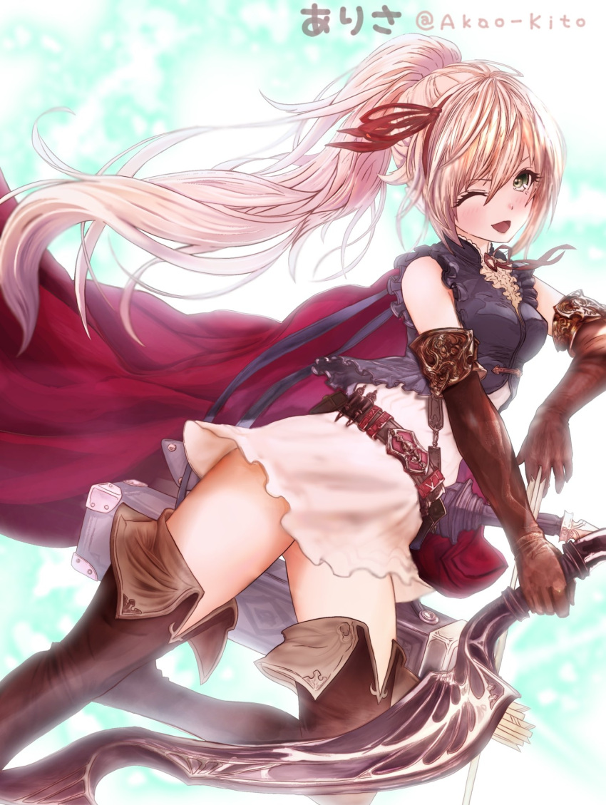 1girl akao_kito arisa_(shadowverse) boots brown_hair capelet cloak elbow_gloves elf gloves green_eyes highres pointy_ears ponytail shadowverse thigh-highs thigh_boots