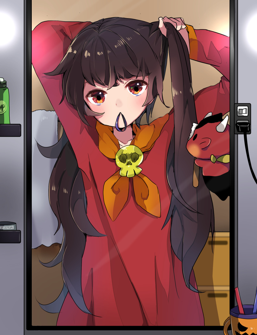 1girl absurdres arms_up ashley_(warioware) brown_eyes cup demon hair_tie_in_mouth herunia_kokuoji highres indoors light_switch long_hair long_sleeves mirror mouth_hold red_shirt shirt skull_brooch towel warioware