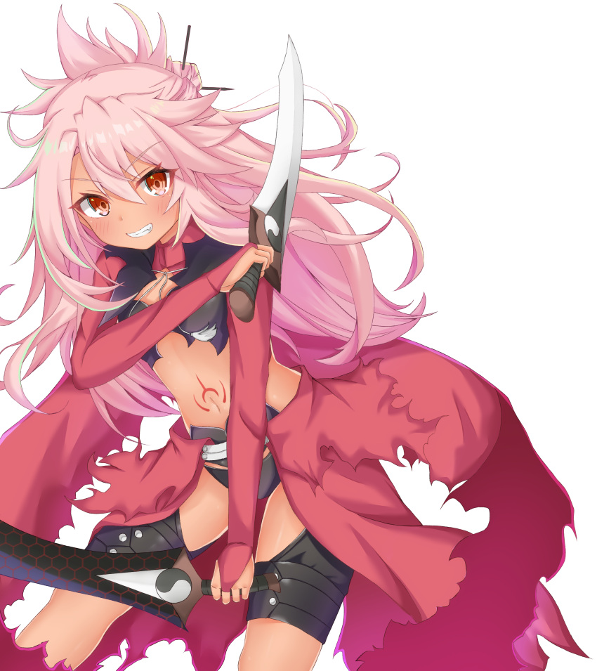 1girl absurdres bangs blush breasts chloe_von_einzbern fate/kaleid_liner_prisma_illya fate_(series) hair_ornament highres long_hair looking_at_viewer open_mouth pink_hair red_eyes rokita small_breasts smile solo sword underwear weapon