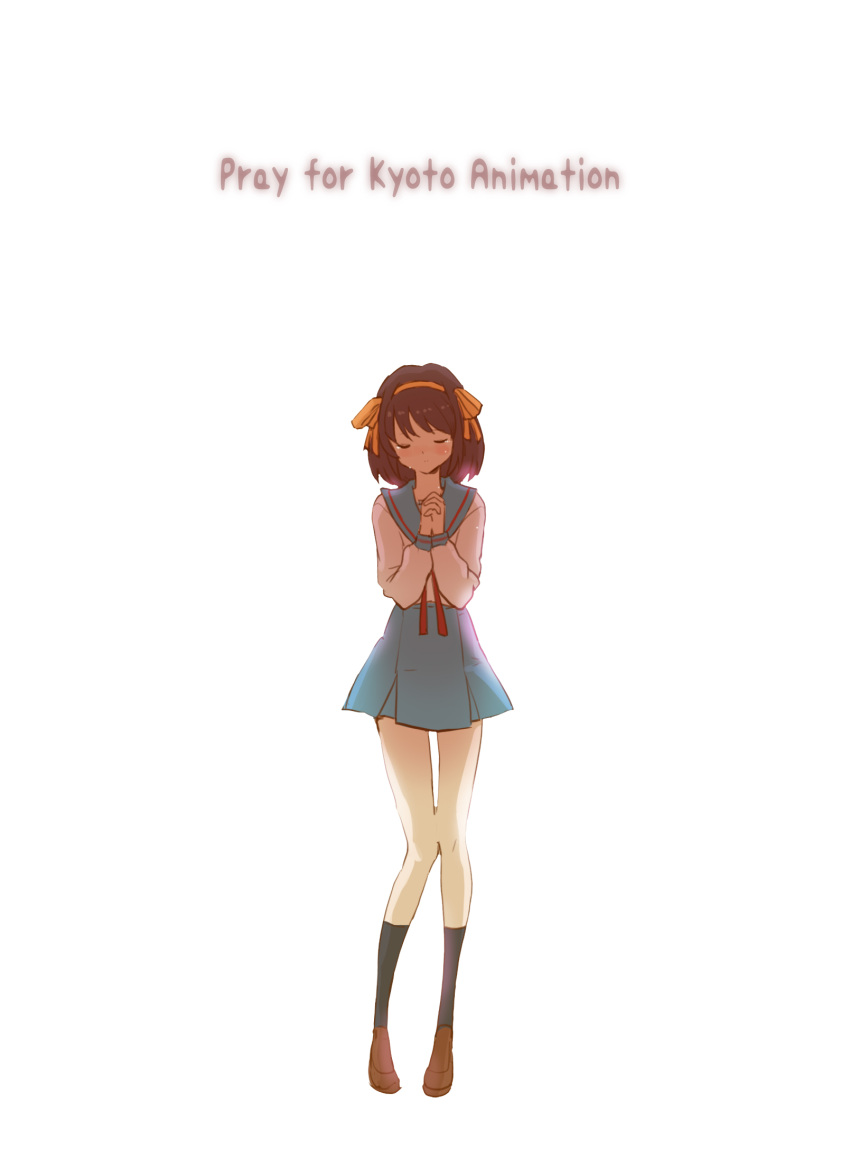 1girl bangs black_legwear blue_sailor_collar blue_skirt blush brown_footwear brown_hair closed_eyes crying english_text hair_ribbon hairband hands_clasped highres interlocked_fingers kita_high_school_uniform kneehighs long_sleeves own_hands_together praying ribbon roonhee sailor_collar school_uniform serafuku shirt short_hair skirt solo standing suzumiya_haruhi suzumiya_haruhi_no_yuuutsu teardrop white_shirt